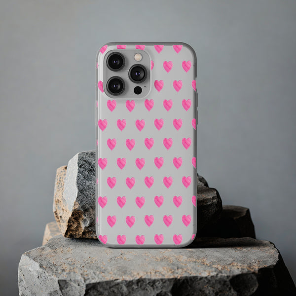 Flexible Phone Case - Preppy Hearts Watercolor Pink - Clear Shell pink Hearts - your case color will show through