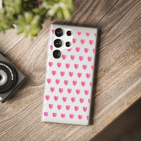 Flexible Phone Case - Preppy Hearts Watercolor Pink - Clear Shell pink Hearts - your case color will show through
