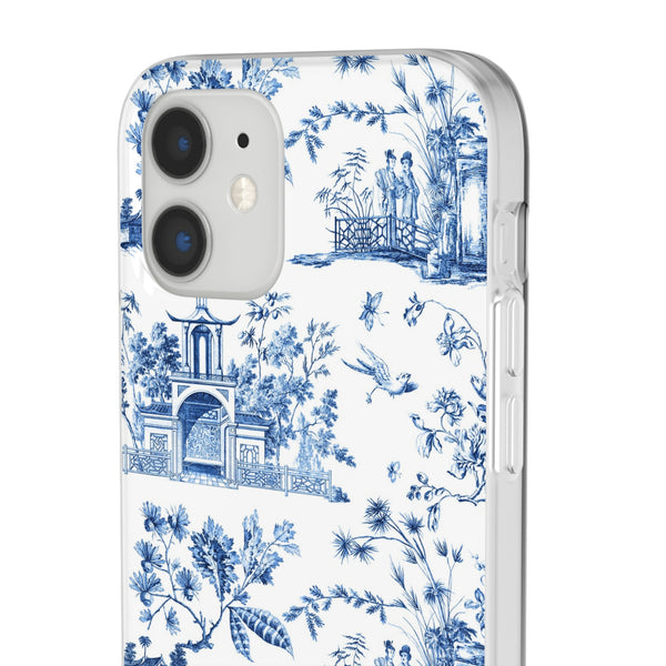 Flexible Phone Case - Chinoiserie Blue and White Toile Pagoda iPhone Samsung, White Background with Blue Toile Pattern