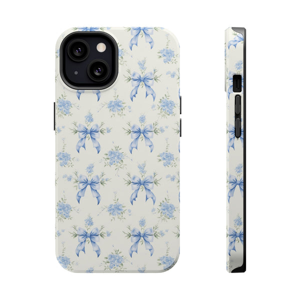 Mag Safe Phone Case  Preppy Blue Bows and Floral Design Magnetic Tough Case for iPhone - Durable