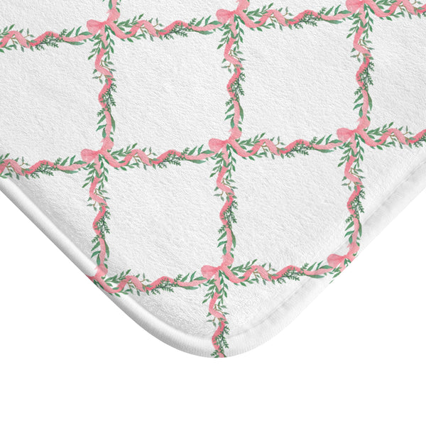 Bathmat Preppy Bow Lattice Watercolor Pink Bath Mat Plush White, Available in Two Sizes, Standard and Large - anti-slip back
