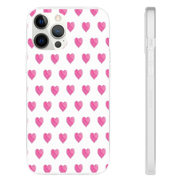 Flexible Phone Case - Preppy Hearts Watercolor Pink - Clear Shell pink Hearts - your case color will show through