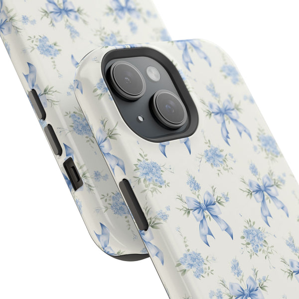 Mag Safe Phone Case  Preppy Blue Bows and Floral Design Magnetic Tough Case for iPhone - Durable
