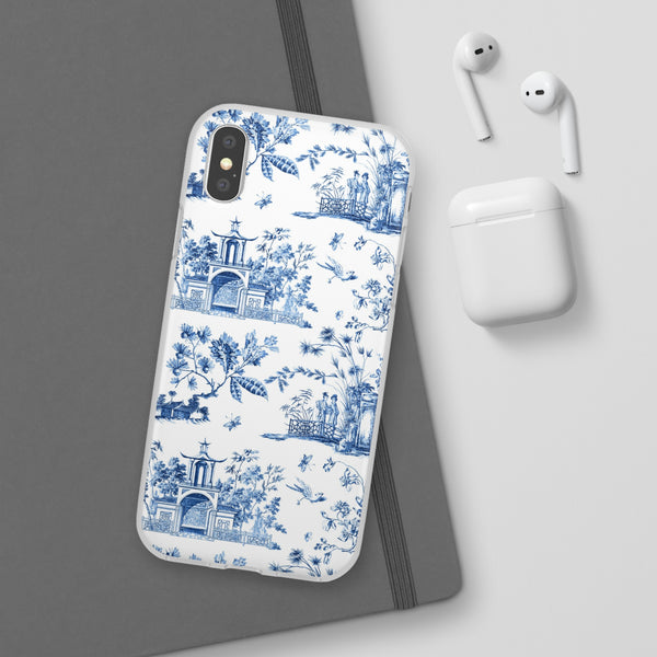 Flexible Phone Case - Chinoiserie Blue and White Toile Pagoda iPhone Samsung, White Background with Blue Toile Pattern