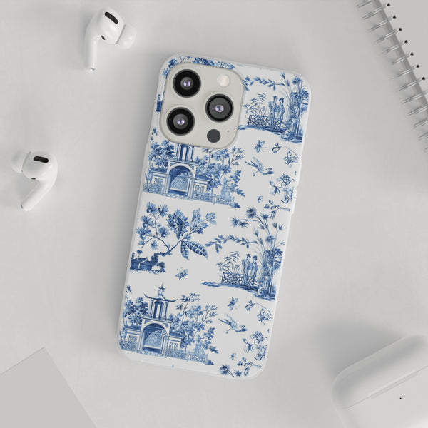 Flexible Phone Case - Chinoiserie Blue and White Toile Pagoda iPhone Samsung, White Background with Blue Toile Pattern