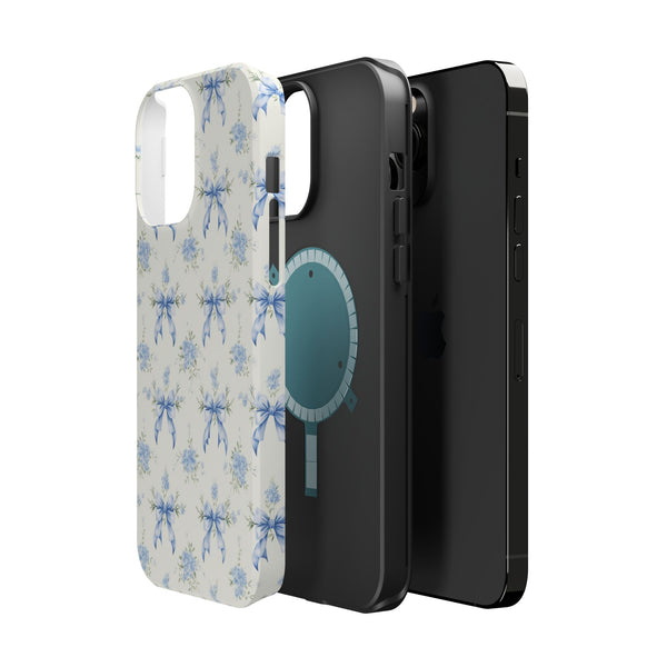 Mag Safe Phone Case  Preppy Blue Bows and Floral Design Magnetic Tough Case for iPhone - Durable
