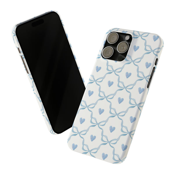 Bow and Heart Collab Print, Coquette blue and white, loveshackfancy inspired, preppy print Phone Case, all iPhone 15 14 Plus Pro Max 13