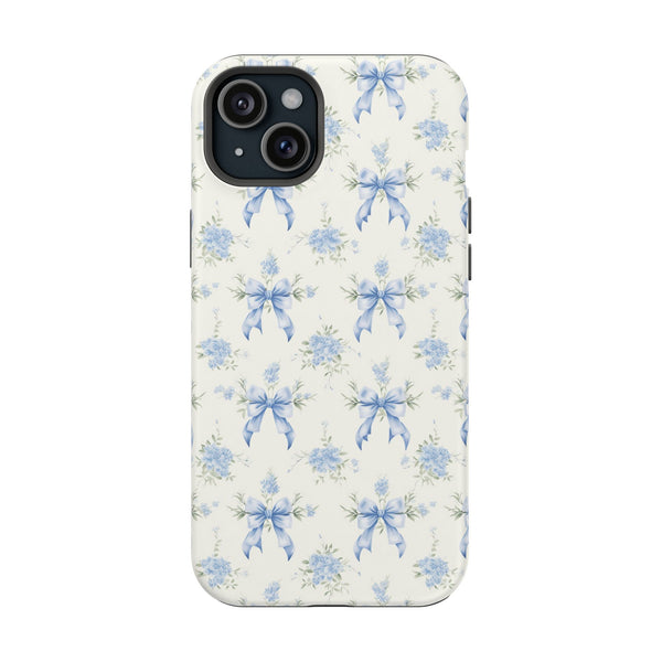 Mag Safe Phone Case  Preppy Blue Bows and Floral Design Magnetic Tough Case for iPhone - Durable