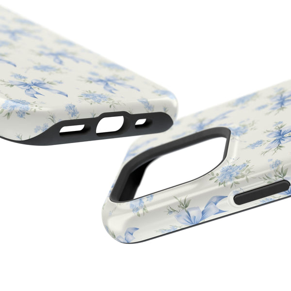Mag Safe Phone Case  Preppy Blue Bows and Floral Design Magnetic Tough Case for iPhone - Durable