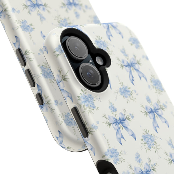 Mag Safe Phone Case  Preppy Blue Bows and Floral Design Magnetic Tough Case for iPhone - Durable
