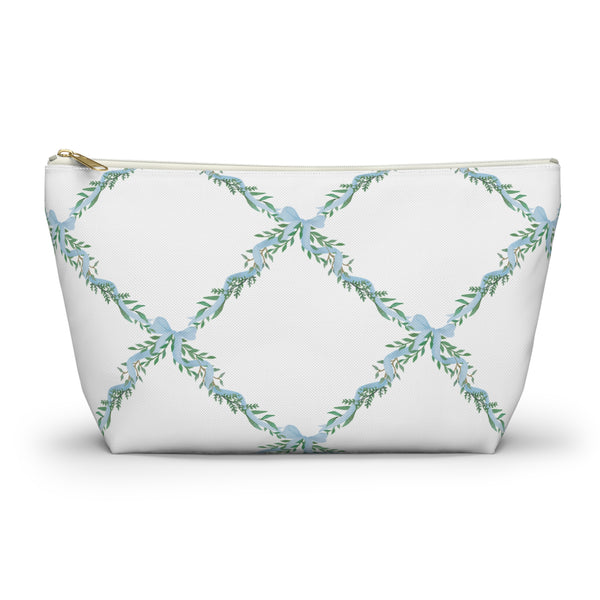 Zipper Pouch, Preppy Lattice Blue Bows - Accessory Bag Available in Two Sizes