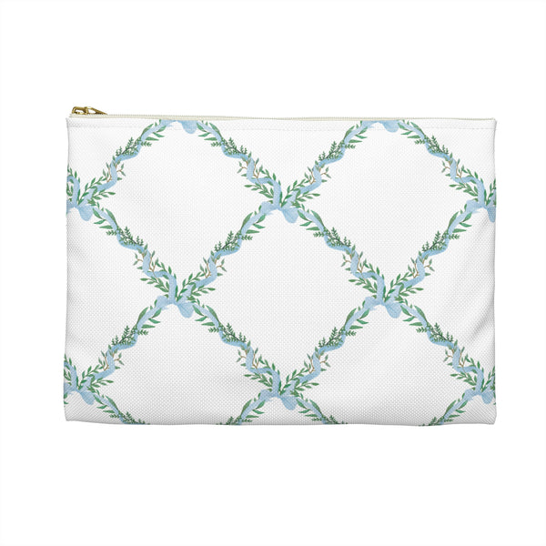 Zipper Pouch Bag, Preppy Watercolor Bow Lattice Blue Pattern- Accessory Pouch Available in Two Sizes