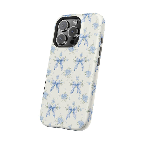 Mag Safe Phone Case  Preppy Blue Bows and Floral Design Magnetic Tough Case for iPhone - Durable
