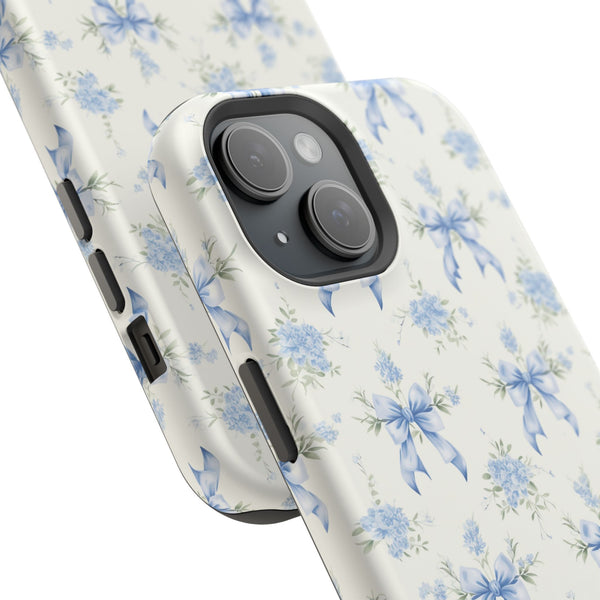 Mag Safe Phone Case  Preppy Blue Bows and Floral Design Magnetic Tough Case for iPhone - Durable