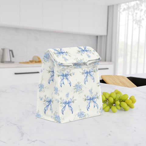 Preppy Lunch Bag, Blue Bows Floral Design  Preppy Style, Reusable Insulated