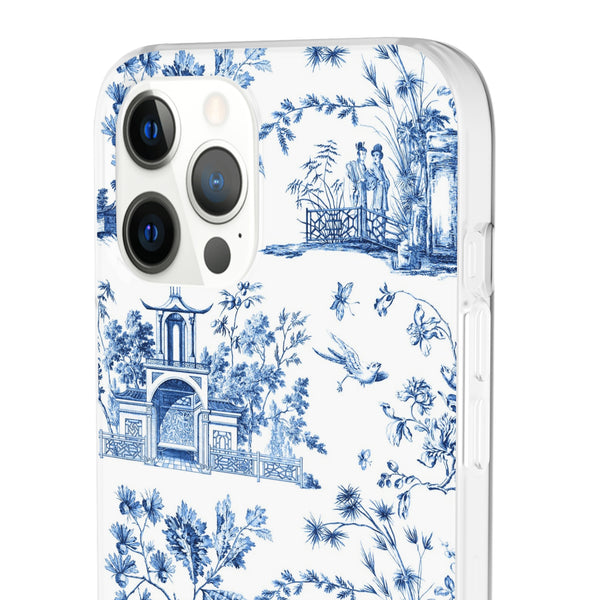 Flexible Phone Case - Chinoiserie Blue and White Toile Pagoda iPhone Samsung, White Background with Blue Toile Pattern