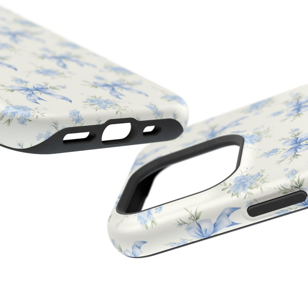 Mag Safe Phone Case  Preppy Blue Bows and Floral Design Magnetic Tough Case for iPhone - Durable