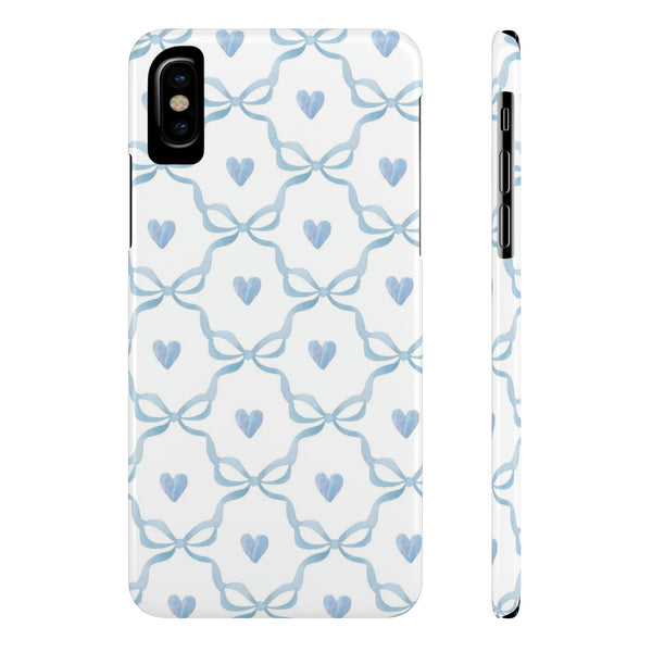 Bow and Heart Collab Print, Coquette blue and white, loveshackfancy inspired, preppy print Phone Case, all iPhone 15 14 Plus Pro Max 13