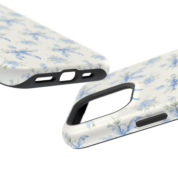 Mag Safe Phone Case  Preppy Blue Bows and Floral Design Magnetic Tough Case for iPhone - Durable