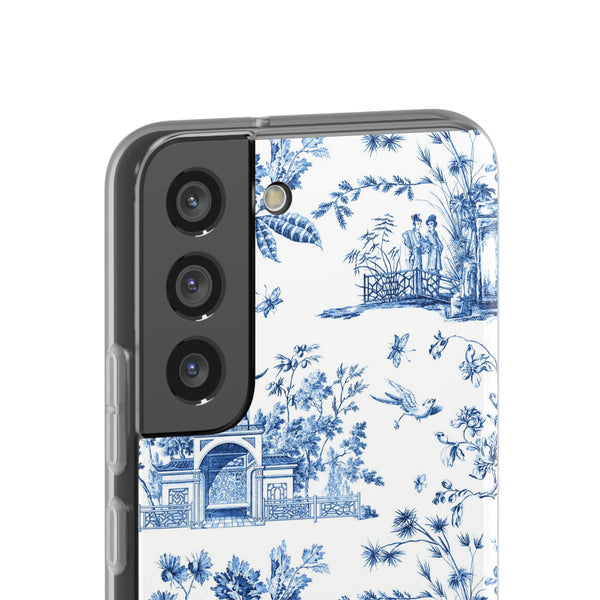 Flexible Phone Case - Chinoiserie Blue and White Toile Pagoda iPhone Samsung, White Background with Blue Toile Pattern