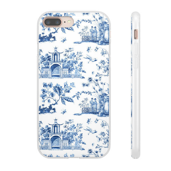 Flexible Phone Case - Chinoiserie Blue and White Toile Pagoda iPhone Samsung, White Background with Blue Toile Pattern