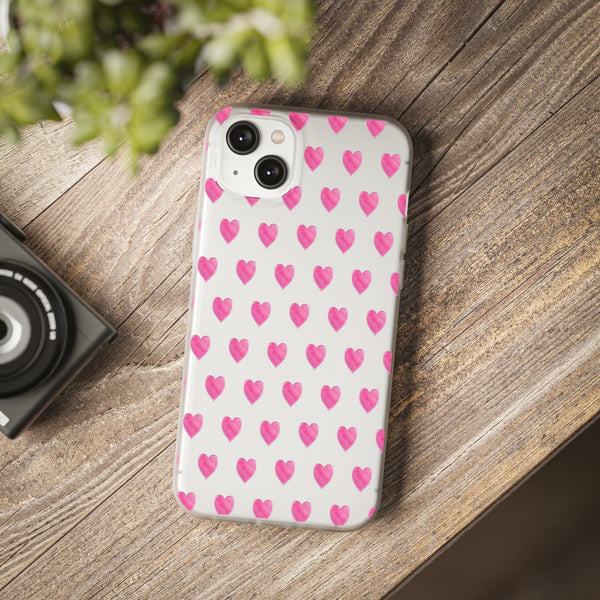 Flexible Phone Case - Preppy Hearts Watercolor Pink - Clear Shell pink Hearts - your case color will show through