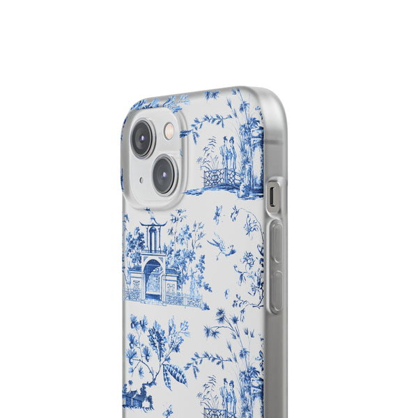 Flexible Phone Case - Chinoiserie Blue and White Toile Pagoda iPhone Samsung, White Background with Blue Toile Pattern