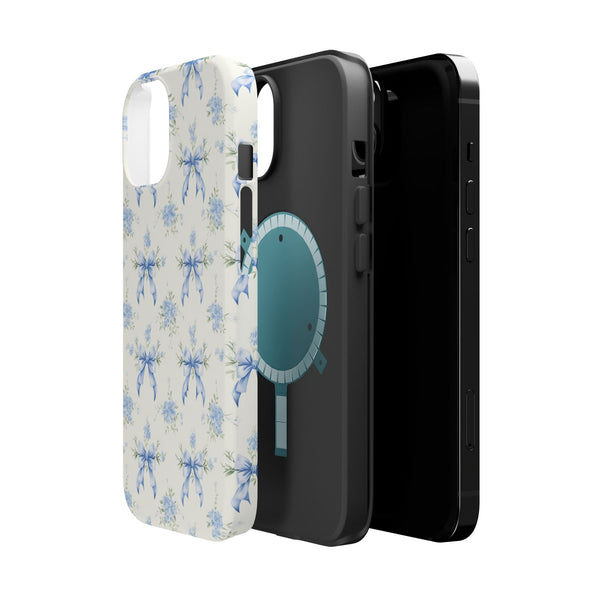 Mag Safe Phone Case  Preppy Blue Bows and Floral Design Magnetic Tough Case for iPhone - Durable