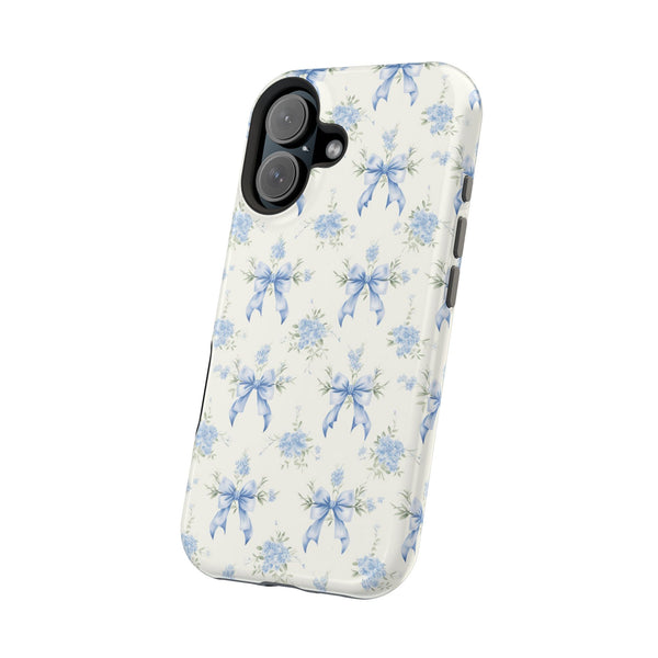 Mag Safe Phone Case  Preppy Blue Bows and Floral Design Magnetic Tough Case for iPhone - Durable
