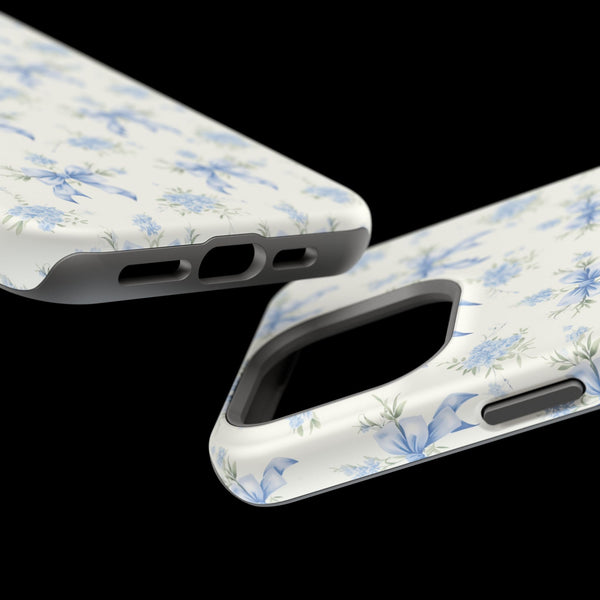 Mag Safe Phone Case  Preppy Blue Bows and Floral Design Magnetic Tough Case for iPhone - Durable