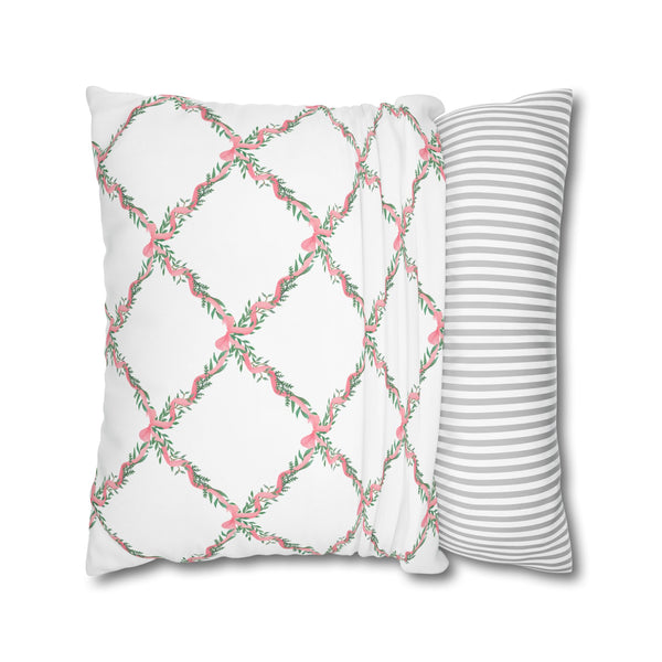Pillow Cover Large Sham, Watercolor Lattice Floral Pink Bow  Loveshackfancy inspired, (insert not included) choose from 24" or 26" square