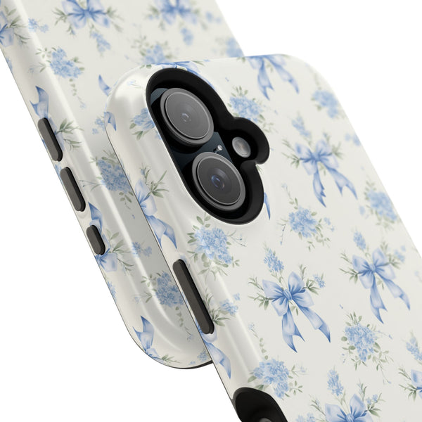 Mag Safe Phone Case  Preppy Blue Bows and Floral Design Magnetic Tough Case for iPhone - Durable