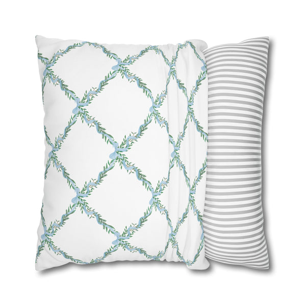 Pillow Cover Large Sham, Watercolor Lattice Floral Blue Bow  Loveshackfancy inspired, (insert not included) choose from 24" or 26" square