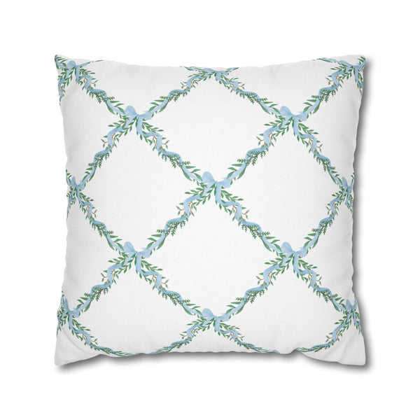 Watercolor Lattice Floral Bow Blue Pillow Cover with Zip Closure - Cover Only - Insert not included - teen, tween, dorm room