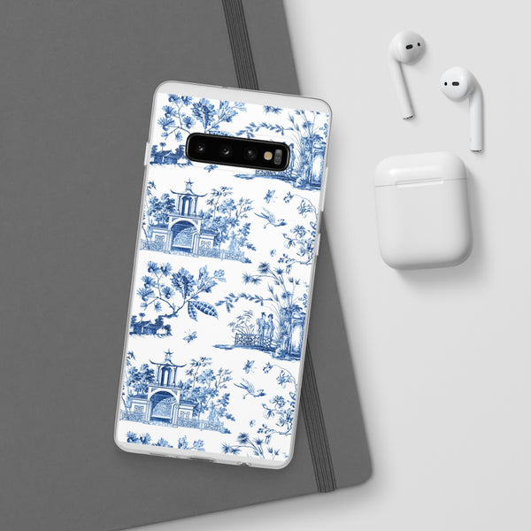 Flexible Phone Case - Chinoiserie Blue and White Toile Pagoda iPhone Samsung, White Background with Blue Toile Pattern