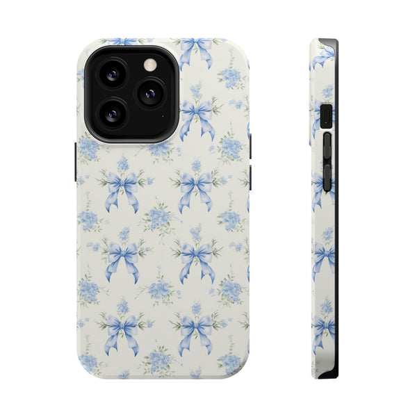 Mag Safe Phone Case  Preppy Blue Bows and Floral Design Magnetic Tough Case for iPhone - Durable