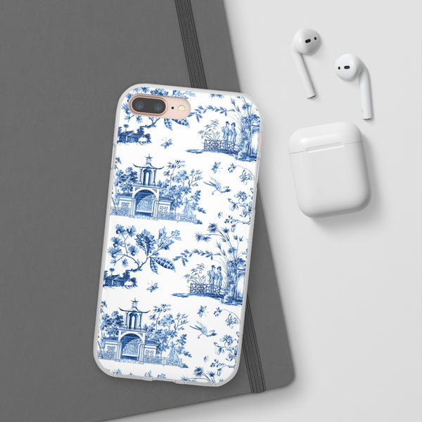Flexible Phone Case - Chinoiserie Blue and White Toile Pagoda iPhone Samsung, White Background with Blue Toile Pattern