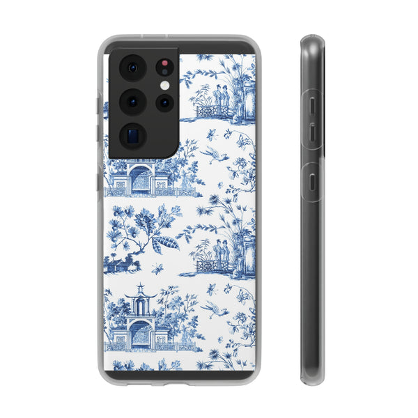 Flexible Phone Case - Chinoiserie Blue and White Toile Pagoda iPhone Samsung, White Background with Blue Toile Pattern