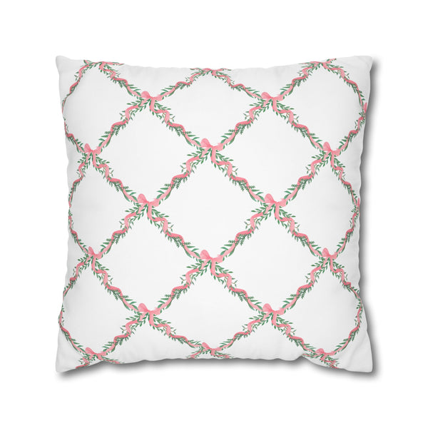 Pillow Cover Large Sham, Watercolor Lattice Floral Pink Bow  Loveshackfancy inspired, (insert not included) choose from 24" or 26" square