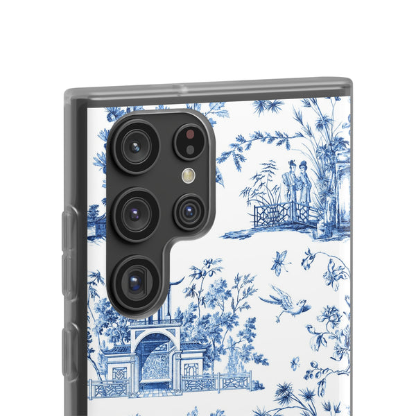 Flexible Phone Case - Chinoiserie Blue and White Toile Pagoda iPhone Samsung, White Background with Blue Toile Pattern