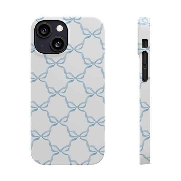 Coquette blue and white, loveshackfancy inspired, preppy bow print Phone Case Slim and Sleek, all iPhone 15 14 Plus Pro Max 13