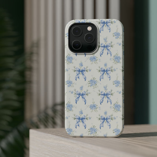 Mag Safe Phone Case  Preppy Blue Bows and Floral Design Magnetic Tough Case for iPhone - Durable