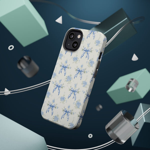 Mag Safe Phone Case  Preppy Blue Bows and Floral Design Magnetic Tough Case for iPhone - Durable