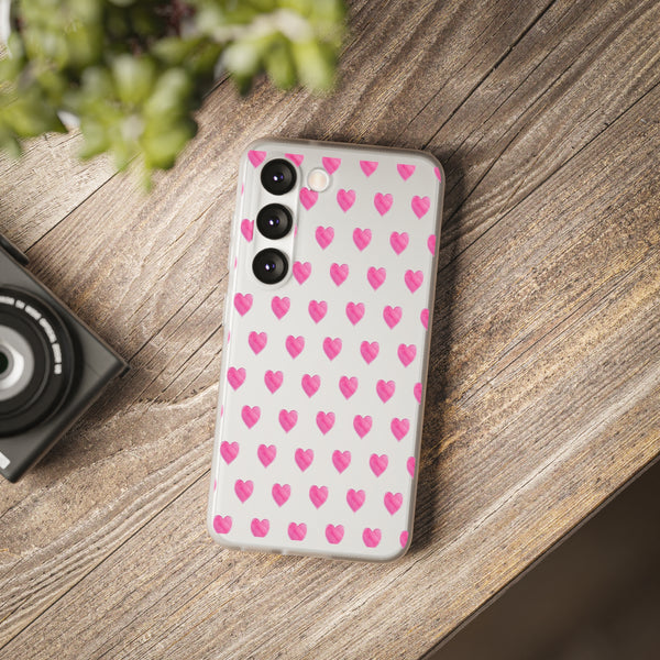 Flexible Phone Case - Preppy Hearts Watercolor Pink - Clear Shell pink Hearts - your case color will show through