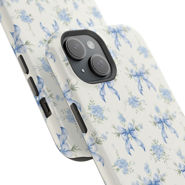 Mag Safe Phone Case  Preppy Blue Bows and Floral Design Magnetic Tough Case for iPhone - Durable