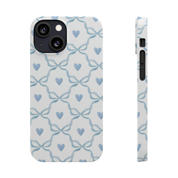 Bow and Heart Collab Print, Coquette blue and white, loveshackfancy inspired, preppy print Phone Case, all iPhone 15 14 Plus Pro Max 13