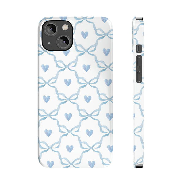 Bow and Heart Collab Print, Coquette blue and white, loveshackfancy inspired, preppy print Phone Case, all iPhone 15 14 Plus Pro Max 13