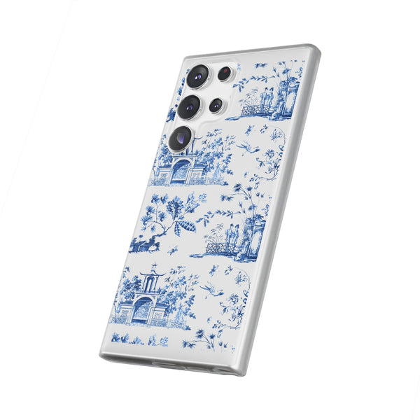 Flexible Phone Case - Chinoiserie Blue and White Toile Pagoda iPhone Samsung, White Background with Blue Toile Pattern