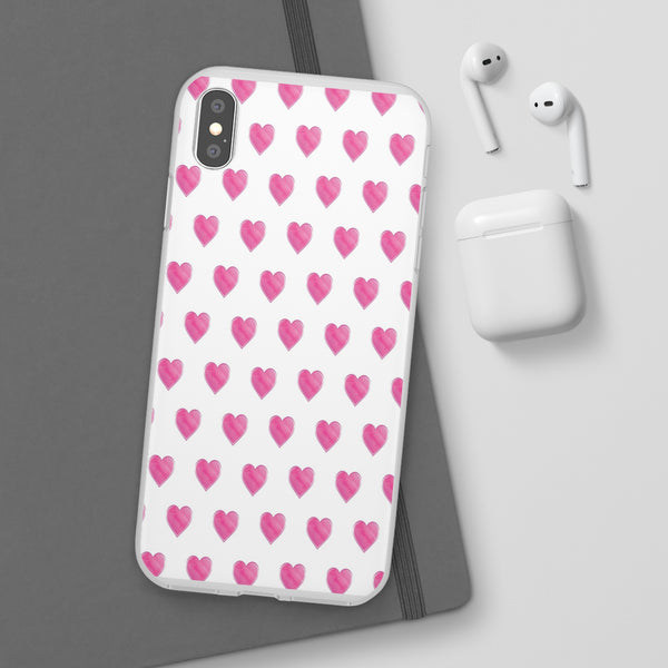 Flexible Phone Case - Preppy Hearts Watercolor Pink - Clear Shell pink Hearts - your case color will show through