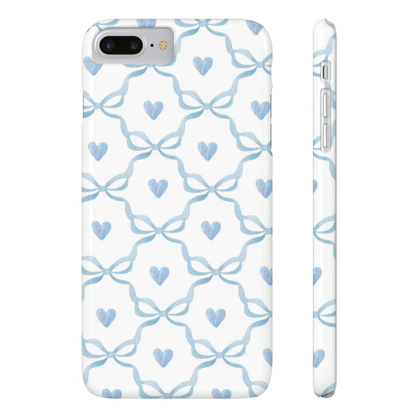 Bow and Heart Collab Print, Coquette blue and white, loveshackfancy inspired, preppy print Phone Case, all iPhone 15 14 Plus Pro Max 13